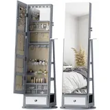 Schmuckspiegel Mit Led-beleuchtung, Schmuckschrank Mit 360° Drehbarem Spiegel, Schublade, Schloss, Hellgrau