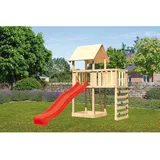 Woodfeeling Karibu Spielturm Lotti mit Anbauplattform Kletterwand Rutsche Rot