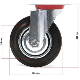 Wiltec Lenkrollen Set 4x Transportrolle mit Vollgummirad Ø160mm bis 130kg pro Rad mit Metallfelge und Anbauplatte, leiser Lauf, Transportrollen Möbelrollen Laufrollen