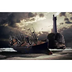 Fototapete PAPERMOON "Gestrandetes Schiff mit Leuchtturm", bunt, B:3,50m L:2,60m, Vlies, Tapeten
