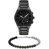 Armani Exchange Herren Schwarze Edelstahl-Uhr und Silber-Ton Armband, Set