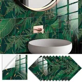 Lukery Fliesenaufkleber, 20 Stück PVC Klebefliesen Küche, Marmor Küchenrückwand Klebefliesen, Bodenaufkleber Fliesenaufkleber Bad für Möbel Wand Schrank (15x15cm,Grüne Blätter)