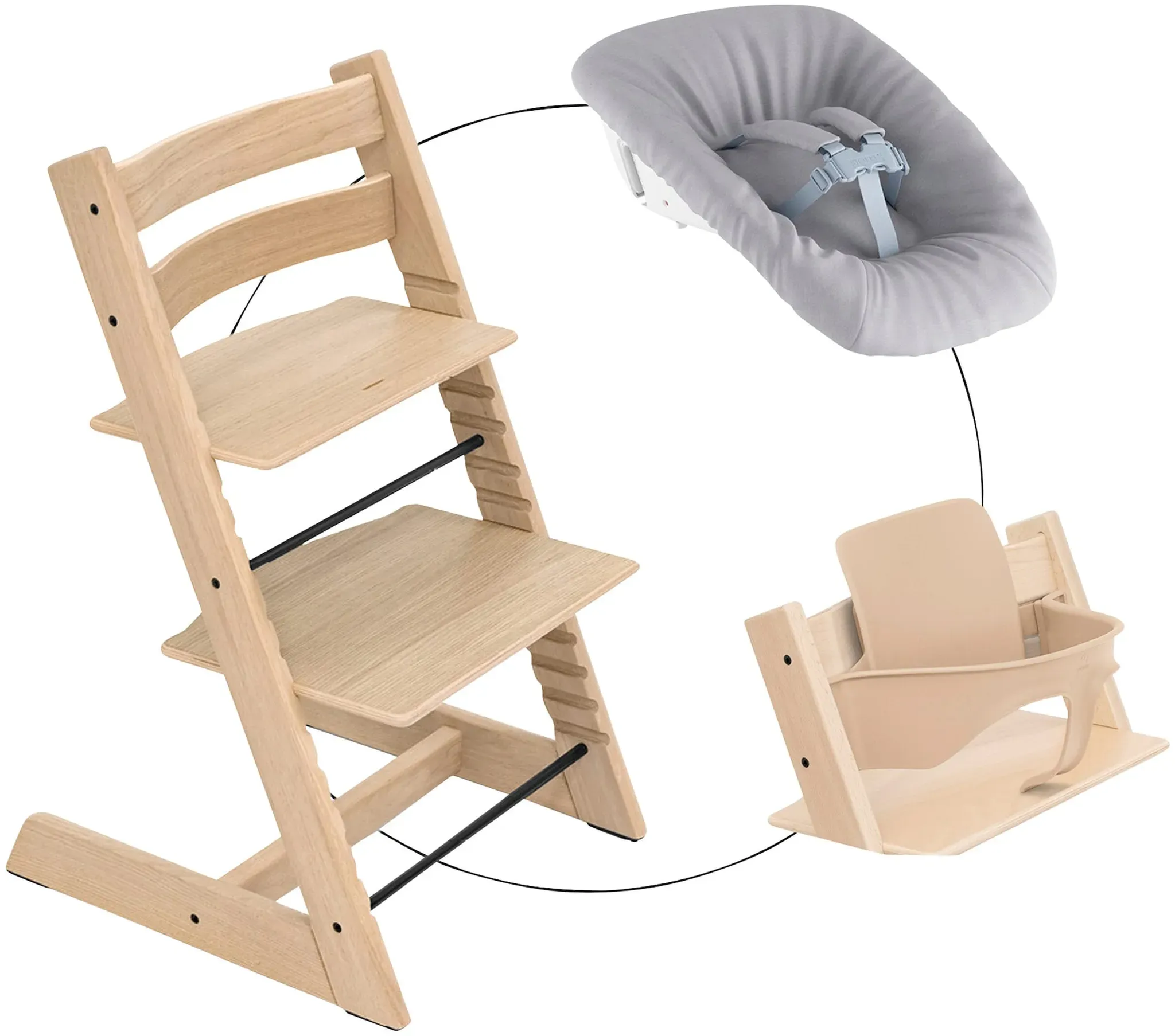 Stokke® TRIPP TRAPP® Bundle Treppenhochstuhl Eiche inkl. Newbornset Light Grey & Babyset, natur