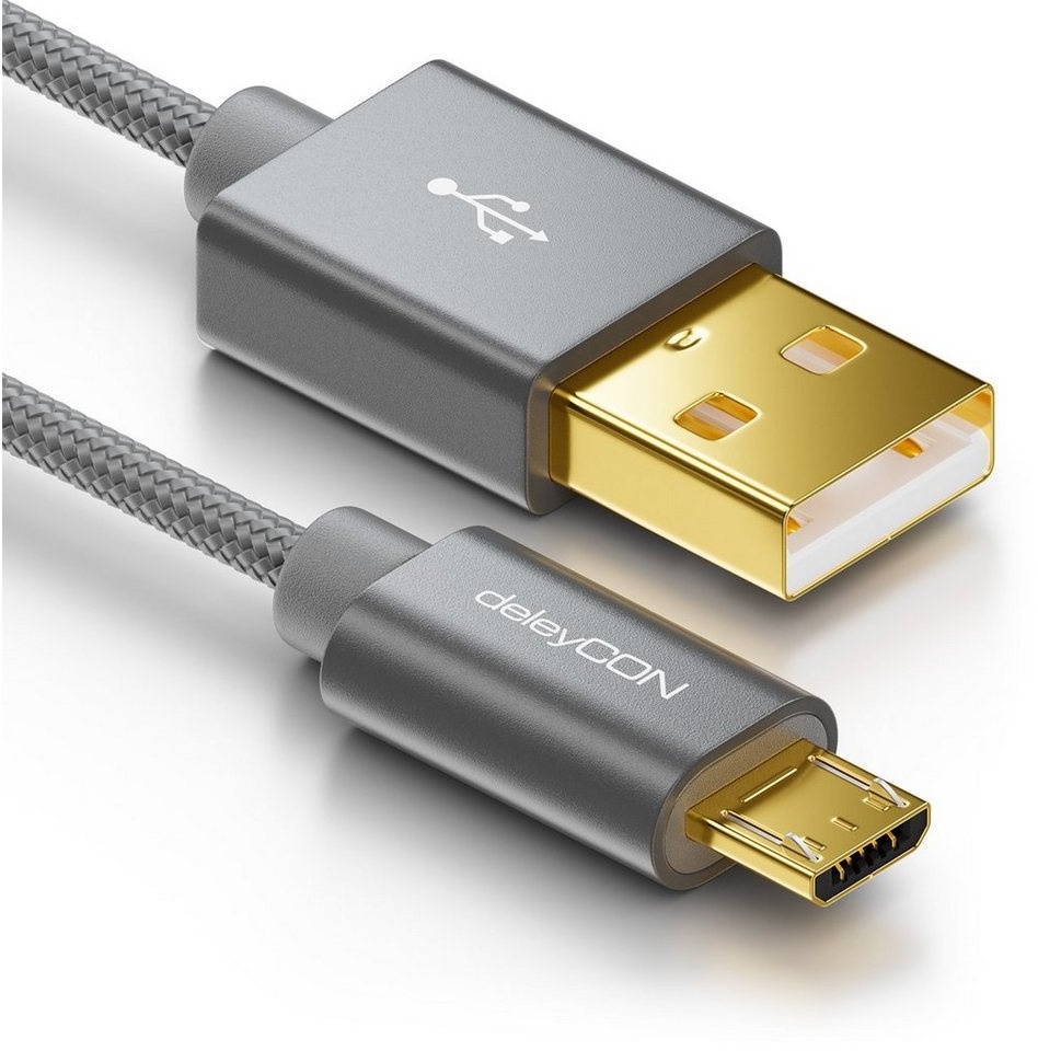deleyCON deleyCON Micro USB Kabel 2m Nylon + Metallstecker - Grau Smartphone-Kabel