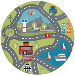 Kinderteppich PACO HOME "Bino 562", grün, H:4mm Ø:200cm, Polyester, Teppiche, Kurzflor, Straßen-Spiel-Teppich, Motiv Flughafen, Kinderzimmer
