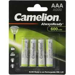 Camelion AAA, Micro LR3, HR03, NiMH Akku mit 600mAh in 4er Blisterverpackung, Always Ready mit geringer Selbstentladung, Ready to Use Akku