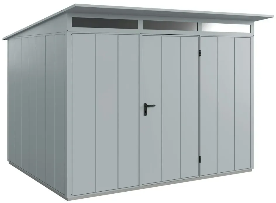 Hörmann Metall-Gerätehaus Berry mit Pultdach B 302 x T 238 cm (Typ 3), Motiv Modern (mit breiten Lamellen), Einzeltür Türanschlag rechts, Fenstergrau (RAL 7040)