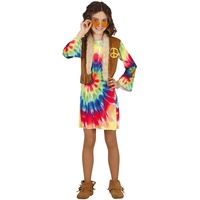 Fiestas GUiRCA Hippie Mädchen Kostüm – 70er Jahre Boho Chic Outfit mit buntem Batik Kleid und Weste für Mädchen von 10-12 Jahren