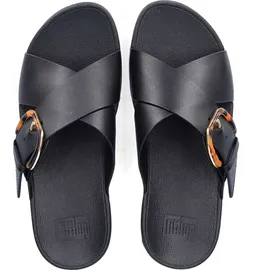 FitFlop Lulu Resin-Buckle Leather Cross Slides All Black Größe EU