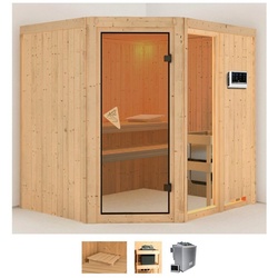 Karibu Sauna Frigga 2, BxTxH: 196 x 170 x 198 cm, 68 mm, (Set) 9-kW-Bio-Ofen mit externer Steuerung beige