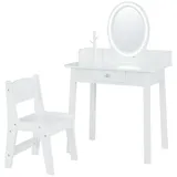 Costway 2 in 1 Kinder Schminktsich mit Hocker, Frisiertisch mit beleuchtetem Spiegel, Schublade & Schmuck-Organizer, Kosmetiktisch Prinzessin aus H... - Weiß