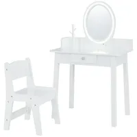 Costway 2 in 1 Kinder Schminktsich mit Hocker, Frisiertisch mit beleuchtetem Spiegel, Schublade & Schmuck-Organizer, Kosmetiktisch Prinzessin aus H... - Weiß