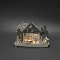 Konstsmide LED Holzsilhouette "Haus und Bäckerei", 6H Timer, 4 warm weiße Dioden, batteriebetrieben, Innen, transparentes Kabel