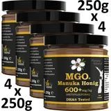 MANUKA HONIG BEE NATURAL MGO® 600+ 1000g (= 4 x 250g) / MANUKAHONIG IN EINEM ECHTGLAS GLAS # MGO 300 ≥ UMF 10, 400 ≥ UMF 12, 550 ≥ 15, 700 ...