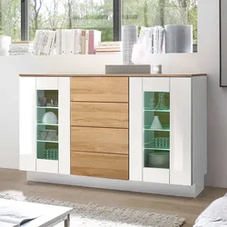 Sideboard Vitrine in Hochglanz Weiß Wildeiche Optik