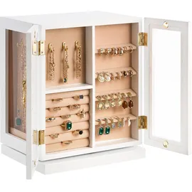 Vevor Schmuckkästchen 360° drehbarer Schmuckkasten mit 5 Schubladen & Acrylfenster & 4 Halskettenhaken auf jeder Seite, Aufbewahrungskoffer mit Metallgriffen, Bodenpolster & weichem Samtfutter weiß