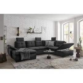 ed exciting design Wohnlandschaft ALIJA U-Form in Schwarz - Ausziehbares Sofa mit Schlaffunktion, Bettkasten & Verstellbarer Armlehne - 334 x 84 (107) x 217 cm (B/H/T)