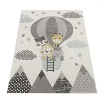 Paco Home Kinderzimmer Teppich Blau Grau Heißluftballon Wolken Tiere 3-d Design Pastell 140x200 cm,
