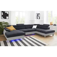 Wohnlandschaft COTTA "Komaris U-Form" Sofas Gr. B: 320cm, Kunstleder SOFTLUX-Struktur, Ottomane rechts, mit Bettfunktion-mit Bettkasten-mit RGB-LED-Beleuchtung-mit Kopfteilverstellung, grau (argent/black) inklusive Kopfteilverstellung, wahlweise mit Bettfunktion und RGB-LED