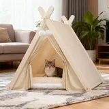 PETCUTE Haustier-Tipi Zelt für Katzen, Kätzchen und kleine Hunde, faltbares Hundezelt mit dreieckigem Holzrahmen und abnehmbarem, waschbarem Kissen, gemütlicher Katzenzelt für Indoor Outdoor,Beige