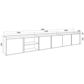 SKRAUT HOME Lowboard 309x50 cm Eiche Schwarz Holzwerkstoff