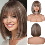 Fulang Hair Ombre Blond Bob Perücken Mit Pony Kurze Glatte Blonde Perücken Damen, Schulter Lange Bob Perücke Mit Pony, Natürliche Haare Synthetische Perücke Für Den Täglichen Gebrauch
