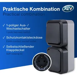 REV Ritter REV - AquaStorm, Feuchtraum Steckdose Aufputz mit Lichtschalter, IP55, senkrecht, 230V, 16A, anthrazit