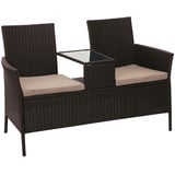 Mendler Poly-Rattan Sitzbank mit Tisch HWC-E24, Gartenbank Sitzgruppe Gartensofa, 132cm ~ braun, Kissen creme