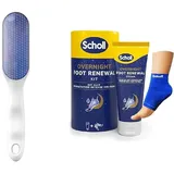 Scholl Nano Glas Fussfeile und Hornhautentferner - Komfortable, sanfte Entfernung von harter Haut und Hornhaut + Overnight Fußpflege-Set, Fußpflege Creme 60ml, wiederverwendbare Gel-Fersensocken 1Paar