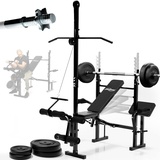 Physionics® Hantelbank mit Langhantel - Ablage, 40/70/100kg Gewichten, Butterfly, Beinstrecker, Curlbank, Latzug, 140/165cm, Multifunktional - Trainingsbank, Fitnessstation (40kg Gewichte+Langhantel)