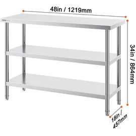 Vevor Lebensmittel-Zubereitungstisch aus Edelstahl, Gewerblicher Küchenarbeitstisch, mit 2 verstellbaren Unterregalen, 457 x 1219 x 864 mm Zubereitungstisch für Grill, Küche, Zuhause