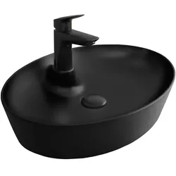 Alpenberger Waschbecken Schwarz | Ovales Aufsatzwaschbecken für Badezimmer & Gäste-WC | Keramikbecken mit Hahnloch | Waschschale mit Nanobeschichtung