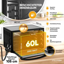 STILLSTERN Minibackofen mit Umluft (60L) NEU: CYCLONE PRO+ (Antihaftbeschichtung), DE Version, Airfryer-Einsatz, Rezeptheft, Drehspieß, 2200W Toaster Grill Pizzaofen Mini Backofen auch für Camping