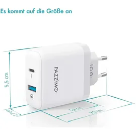 Pazzimo Ladegerät 2-Fach Qualcomm Quick Charge 3.0 USB + USB-C 6A Weiß