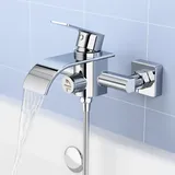 OTOmitra Badewannenarmatur Wasserfall, Mischbatterie Badewanne mit Druckschalter, Wasserhahn Badewanne Wandmontage, Badewanne Armatur aus Messing, Chrom Duscharmatur Aufputz