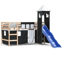 DOTMALL Kinderbett Hochbett Spielbett mit Rutsche und Vorhang,90x200 cm Massivholz Kiefer schwarz|weiß