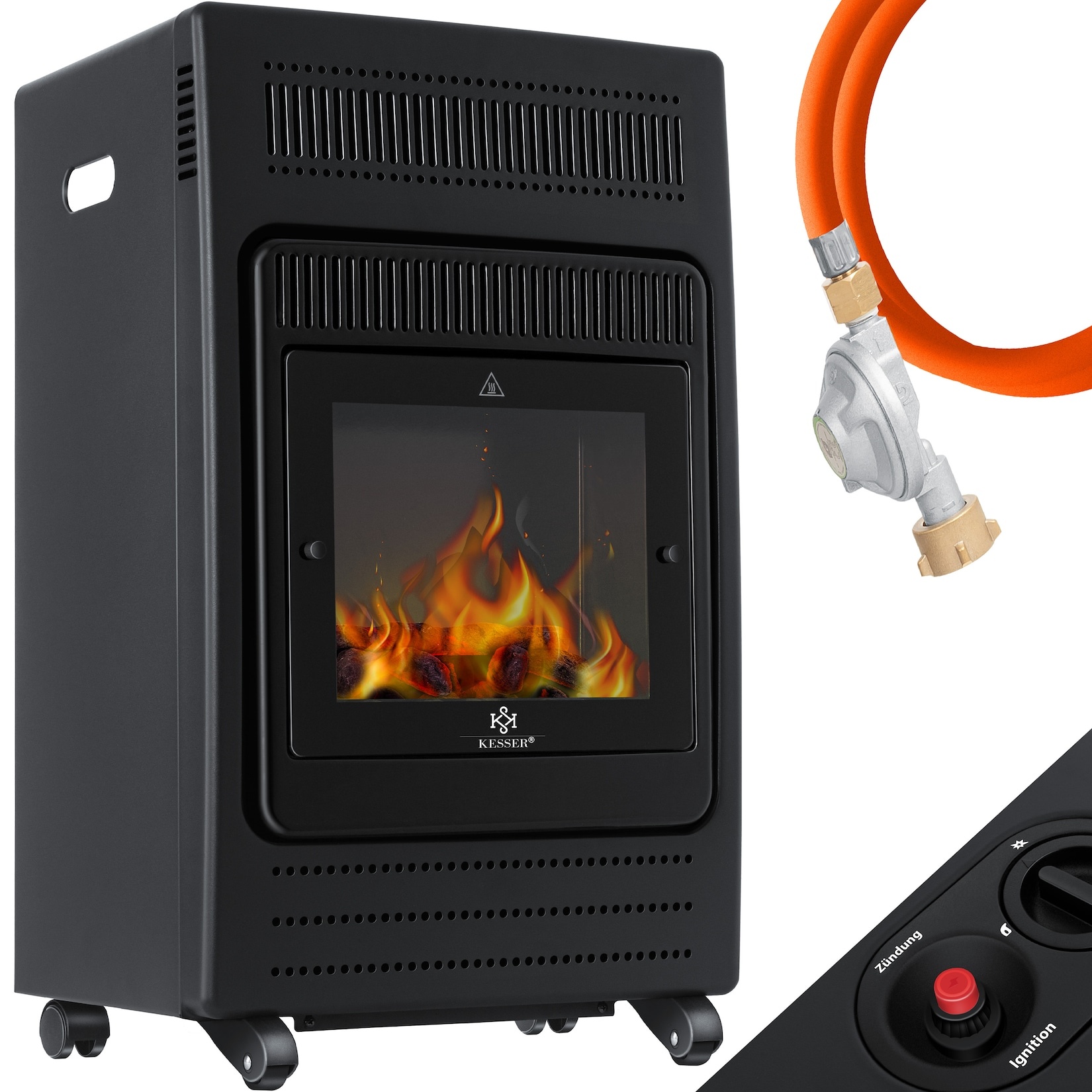 KESSER® Gasheizer Gasheizofen Heizstrahler 3,4 kW Gas Kamin  inkl. Gasdruckregler & Gasschlauch 2 Heizstufen Infrarot  3400W Gasheizstrahler Gasheizung Butan- oder Propangasflaschen bis 11kg Schwarz