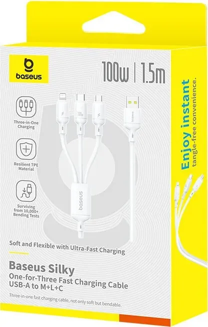 Baseus silky ein-für-drei Schnellladekabel USB-A zu M+L+C 100W 1,5 m Mondweiß