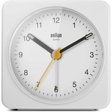 Braun Klassischer analoger Wecker Schlummerfunktion und Licht, ruhiges Quarzuhrwerk, Crescendo-Alarm, weißes Modell BC03W