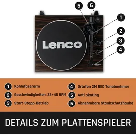 Lenco LBT-345WA Plattenspieler mit Bluetooth® und 2M Red Tonabnehmer, inklusive verchromtem Plattenspielerstabilisator - Walnuss