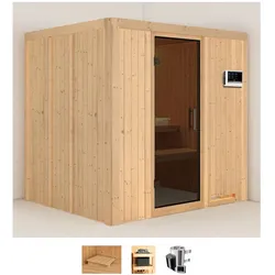 Sauna KARIBU "Dima", beige (naturbelassen), Saunaofen, externe Steuerung, 3,6 kW, Saunen, 3,6-kW-Plug & Play Ofen mit externer Steuerung