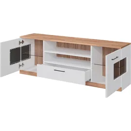 Home Affaire Lowboard HOME AFFAIRE "Ribe,160cm breit,55cm hoch,Oberplatte massiv", weiß (weiß, kernbuche), B:160cm H:55cm T:35cm, FSC-zertifizierter Holzwerkstoff, Massivholz, Sideboards, Lowboard, Oberplatte Massivholz,schwarze Metall Griffe,2 Türen mit Glaseinsatz