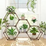 Famanu Pflanzenregal - Sechseckiger Pflanzenstand für Innen und Außen - Holz - Kreatives DIY Pflanzenregal - Blumenregal für Fenster, Ecke,