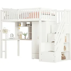 OKWISH Hochbett 90x200 mit Kleiderschrank, Tisch, Stauraum, integrierte Schubladen, Sicherheitstreppe, robustes Holz, platzsparend, Weiß