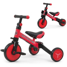 Milly Mally Optimus 3-in-1, Dreirad, Laufrad mit Pedalen, für Jungen und Mädchen ab 1 Jahr, Lauflernhilfe für Kinder, Rutscher, für EIN Geschenk geeignet ROT