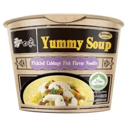 Baixiang -Suppe. köstliche Nudeln mit eingelegtem Gemüse und Fisch in goldener Suppe. 126 g (Fass)