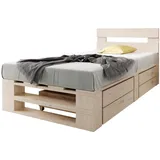 Lermowood Palettenbett M2 aus Holz 100 x 200 cm Natur mit Kopfteil und 2 Bettkästen Holzbett 40cm Stabiles Seniorenbett Kinderbett Jugendbett Gästebett erhöhtes Bettgestell Futon Komforthöhe Naturholz