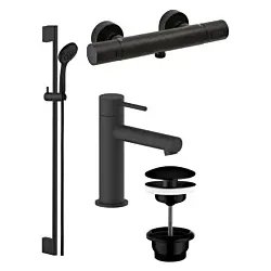 Herzbach Deep Black Duscharmaturen Set Brausearmatur, Wandstangenset, WT-Armatur, Ablaufventil