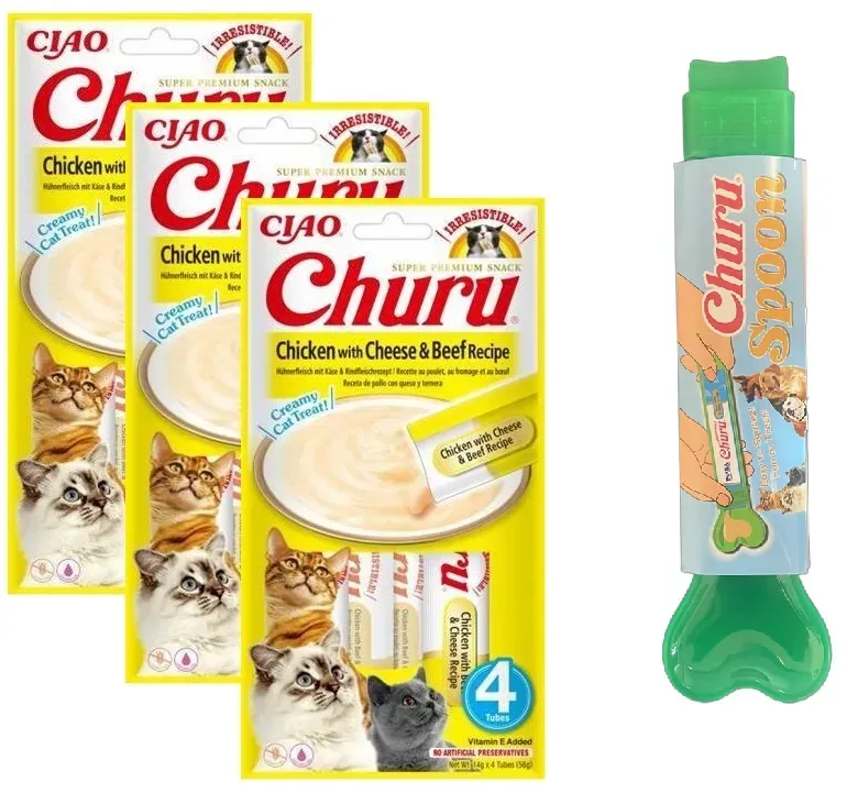 INABA Churu Katzenleckerli mit Huhn-, Käse- und Rindfleischgeschmack 12x14g + Futterlöffel GRATIS! (Rabatt für Stammkunden 3%)