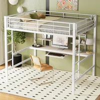 YuQozii Hochbett, 140x200 cm, Bettgestell,Metallbett, Eisenbett, Hochbett mit Schreibtisch und Zwei Bücherregalen für Kinder, Jugendliche und Erwachsene (Weiß)
